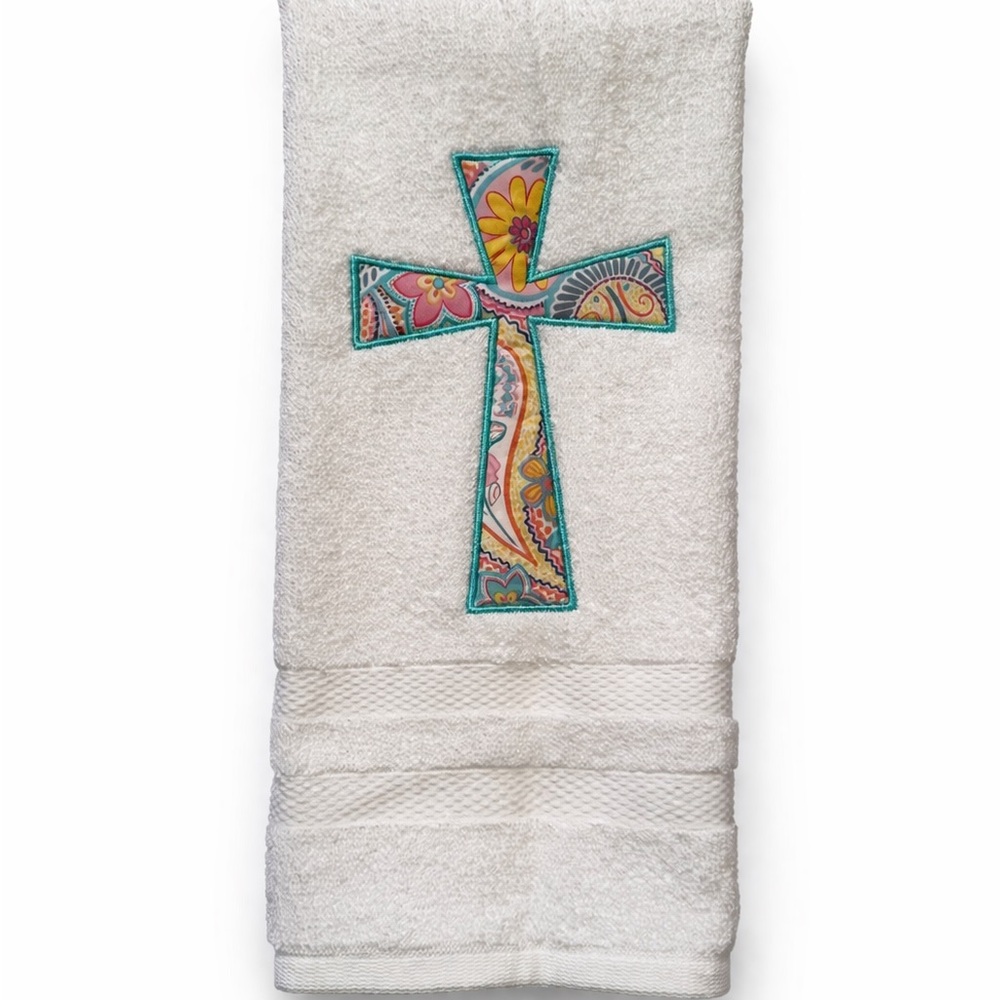 White Decorative Cross Embroidered Bath Towel